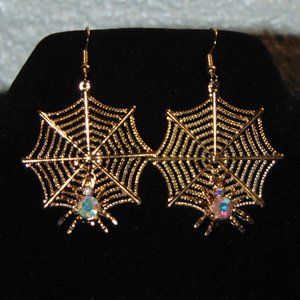 Gold Tone Spider Web earrings with Rhinestone Spider
